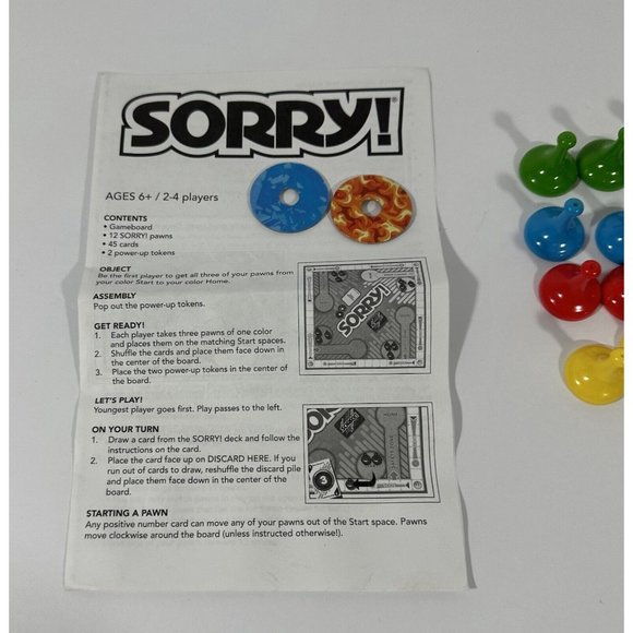 Sorry Board Game Replacement Pieces 12 Pawns 2 Power Up Tokens Instructions - Picture 3 of 5